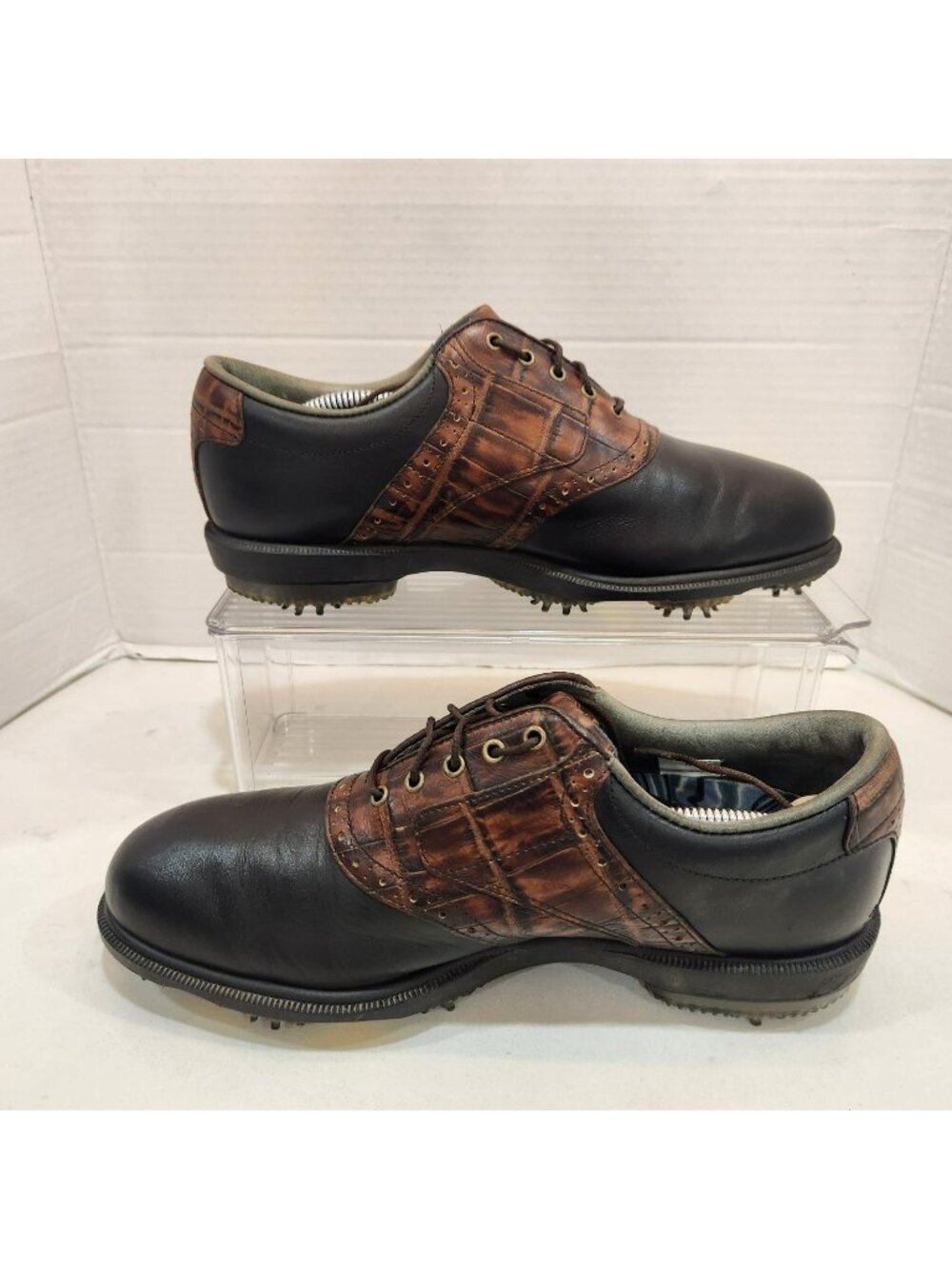 FootJoy Golf Shoes Men 9 M Black Brown Leather DryJoys Tour Gator Print Spiked